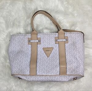 Like-New Guess Logo White Vegan Leather Shoulder Tote with Tan Handle and‎ Trim